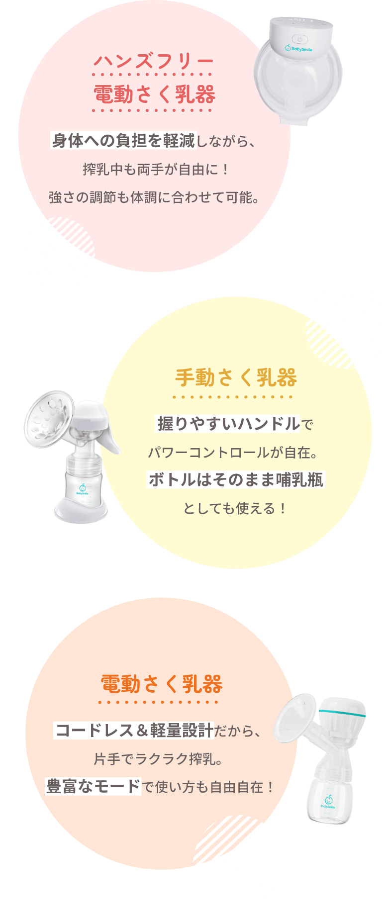 ハンズフリー電動さく乳器、手動さく乳器、電動さく乳器